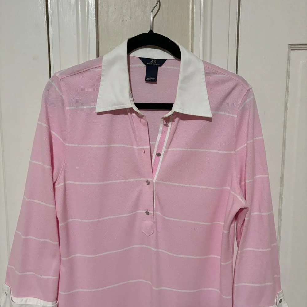 Brooks Brothers Pink White Striped Polo Dress Large White Collar French Cuffs - Picture 3 of 10